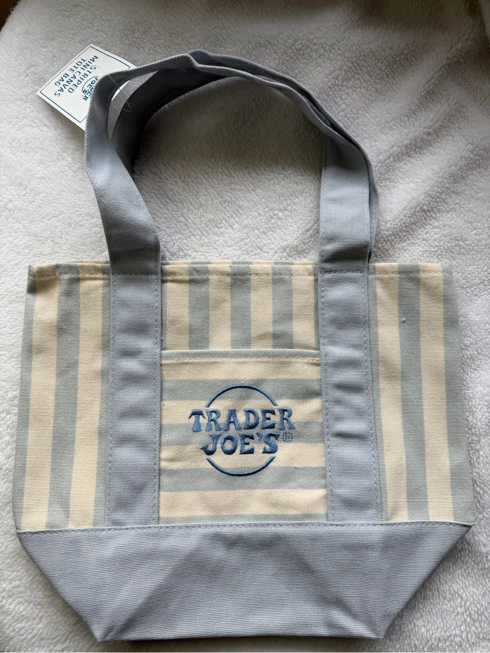 🛍️✨ NWT Mini Trader Joe's Canvas Tote Bag – Blue & Beige Stripes 🔥NEW RELEASE